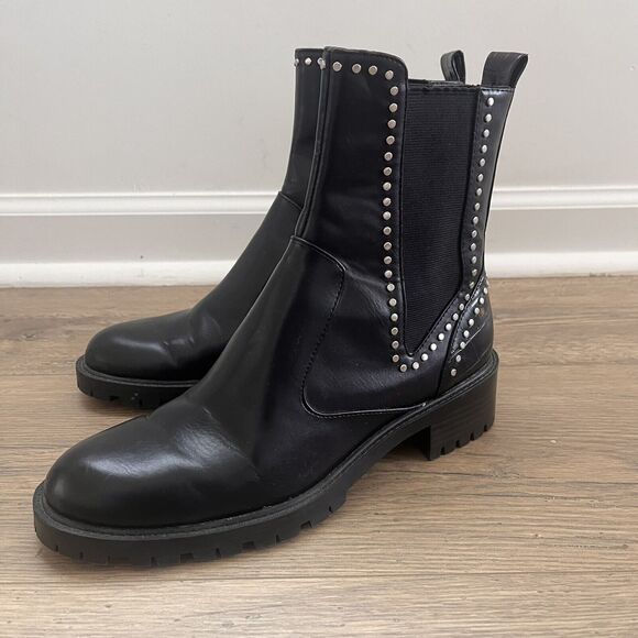 Zara Trafulac Studded Combat/Moto Ankle Boots Black Slip On Size EU37/US 76.5 - Picture 1 of 8